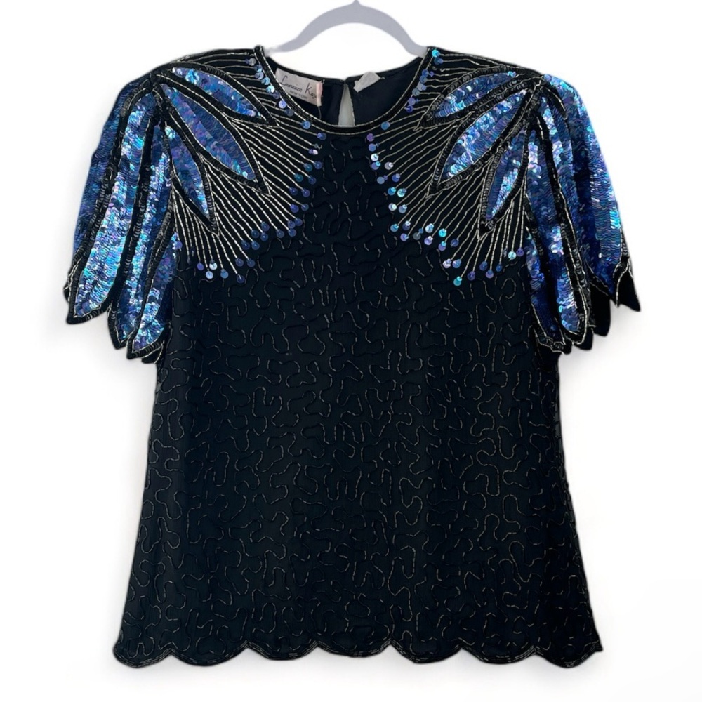Vintage 80s 90s Laurence Kazar Sequin Beaded Embellished Silk Blouse Top Size L